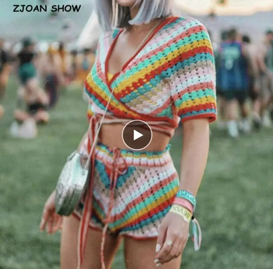 2021 Bohemia Colored Plaid Flower Hand Crochet Hooded Cardigan Ethnic Woman Bandage Lacing up Midi Long Sweater Beach Jumper