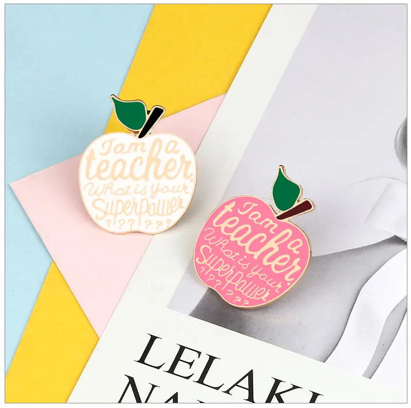 Apple Brooches Pink White Teacher's Superpower Enamel Pin Colthes Bags Cartoon Fruit Lapel Pins Badge Jewelry Gifts For Teachers