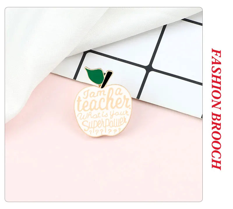 Apple Brooches Pink White Teacher's Superpower Enamel Pin Colthes Bags Cartoon Fruit Lapel Pins Badge Jewelry Gifts For Teachers