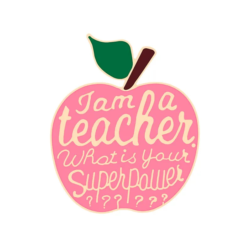 Apple Brooches Pink White Teacher's Superpower Enamel Pin Colthes Bags Cartoon Fruit Lapel Pins Badge Jewelry Gifts For Teachers