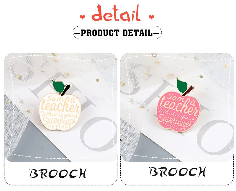 Apple Brooches Pink White Teacher's Superpower Enamel Pin Colthes Bags Cartoon Fruit Lapel Pins Badge Jewelry Gifts For Teachers