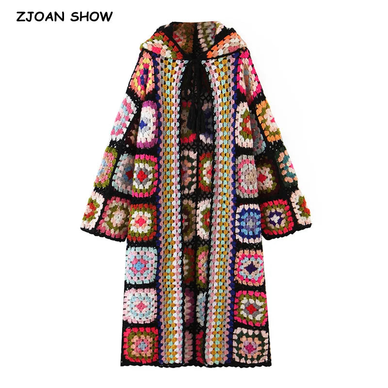 2021 Bohemia Colored Plaid Flower Hand Crochet Hooded Cardigan Ethnic Woman Bandage Lacing up Midi Long Sweater Beach Jumper