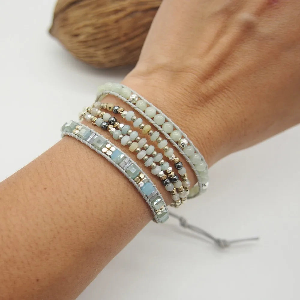 Amazonite Triple Wrap Bracelet Bohemian Beadwork Men Women Bracelet Gift for Mom