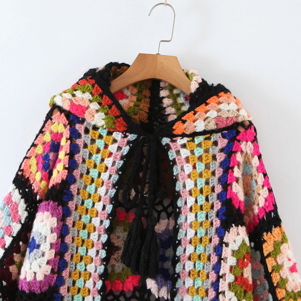 2021 Bohemia Colored Plaid Flower Hand Crochet Hooded Cardigan Ethnic Woman Bandage Lacing up Midi Long Sweater Beach Jumper