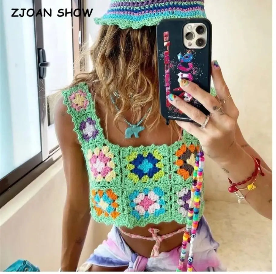 2021 Bohemia Colored Plaid Flower Hand Crochet Hooded Cardigan Ethnic Woman Bandage Lacing up Midi Long Sweater Beach Jumper