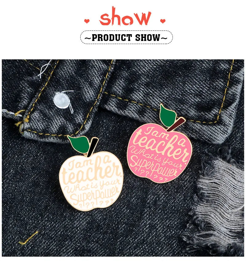 Apple Brooches Pink White Teacher's Superpower Enamel Pin Colthes Bags Cartoon Fruit Lapel Pins Badge Jewelry Gifts For Teachers