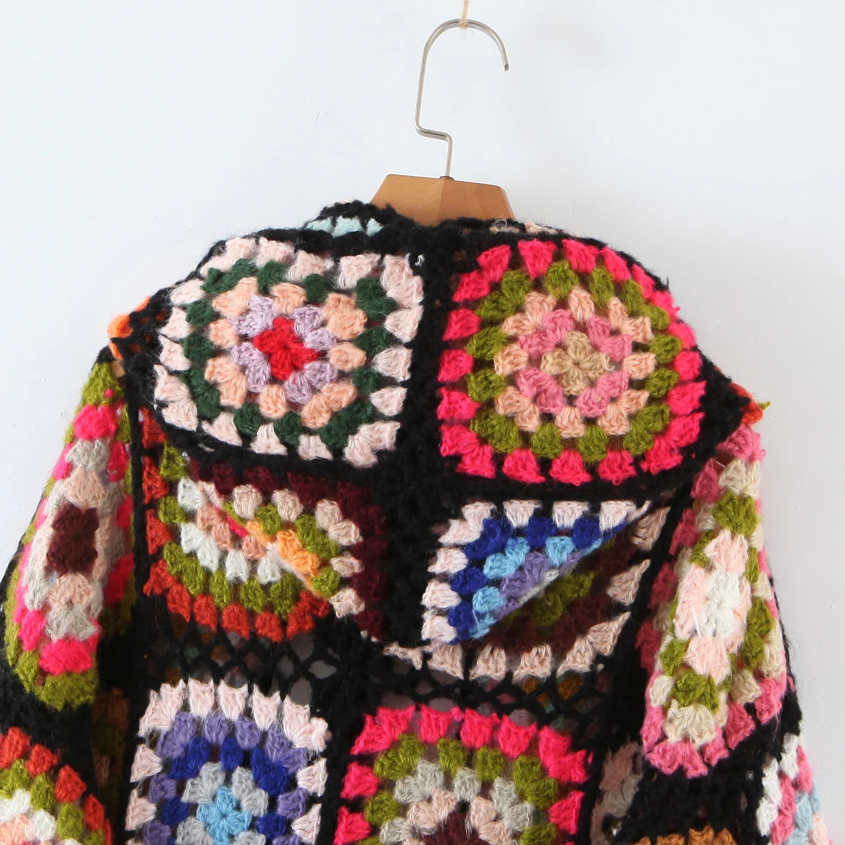 2021 Bohemia Colored Plaid Flower Hand Crochet Hooded Cardigan Ethnic Woman Bandage Lacing up Midi Long Sweater Beach Jumper