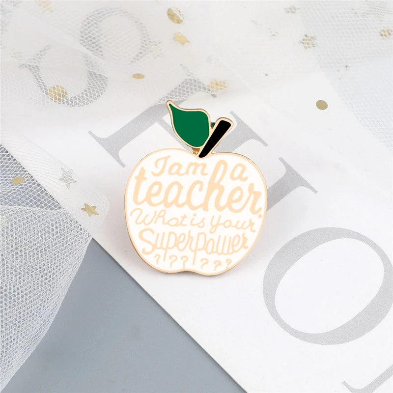 Apple Brooches Pink White Teacher's Superpower Enamel Pin Colthes Bags Cartoon Fruit Lapel Pins Badge Jewelry Gifts For Teachers