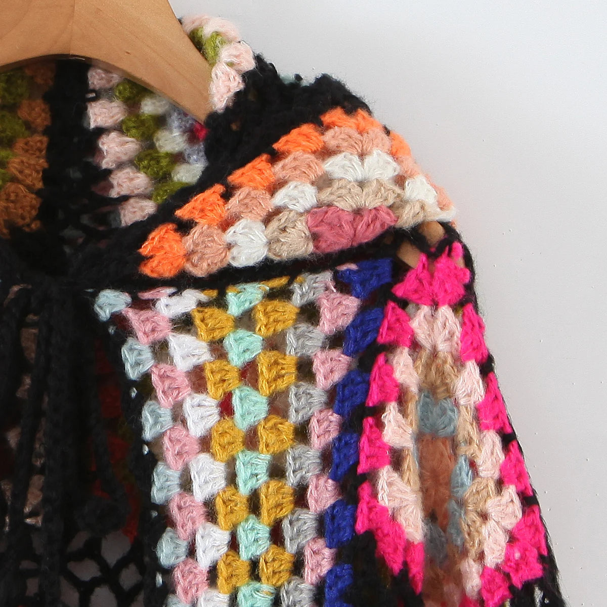 2021 Bohemia Colored Plaid Flower Hand Crochet Hooded Cardigan Ethnic Woman Bandage Lacing up Midi Long Sweater Beach Jumper