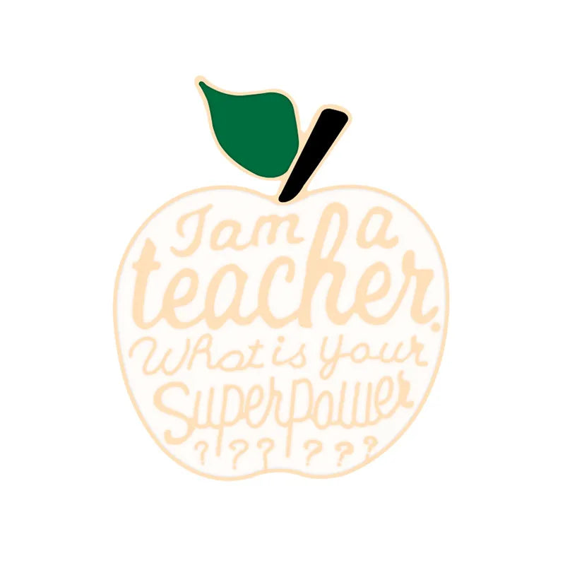 Apple Brooches Pink White Teacher's Superpower Enamel Pin Colthes Bags Cartoon Fruit Lapel Pins Badge Jewelry Gifts For Teachers