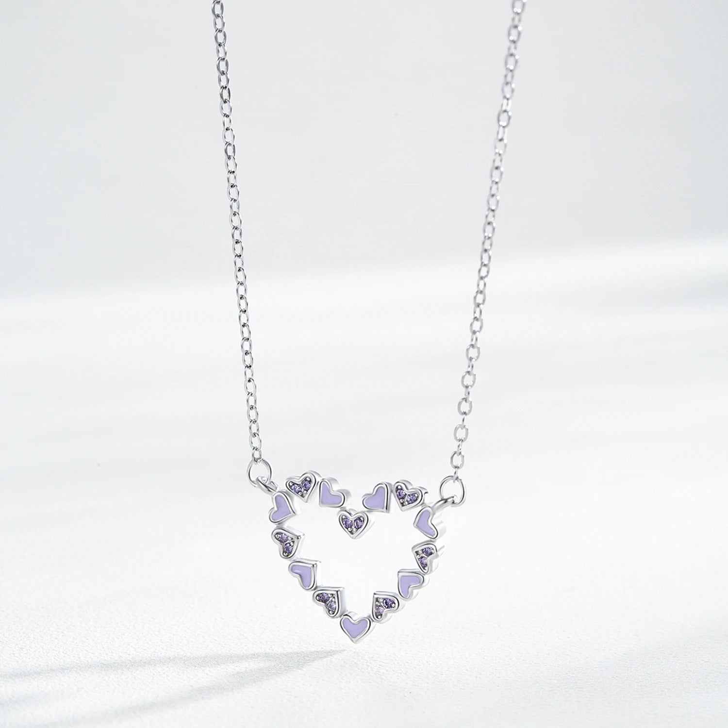 925 Sterling Silver Romantic Heart Enamel Pendant Necklace Cute Purple CZ Link Chain Neck For Women Wedding Engagement Jewelry