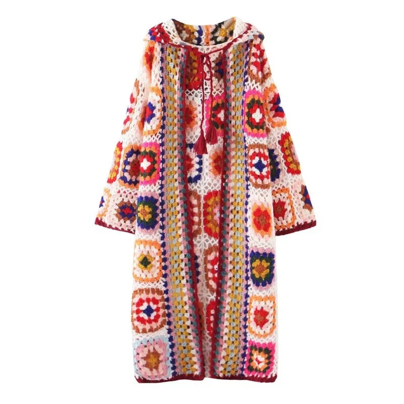 2021 Bohemia Colored Plaid Flower Hand Crochet Hooded Cardigan Ethnic Woman Bandage Lacing up Midi Long Sweater Beach Jumper