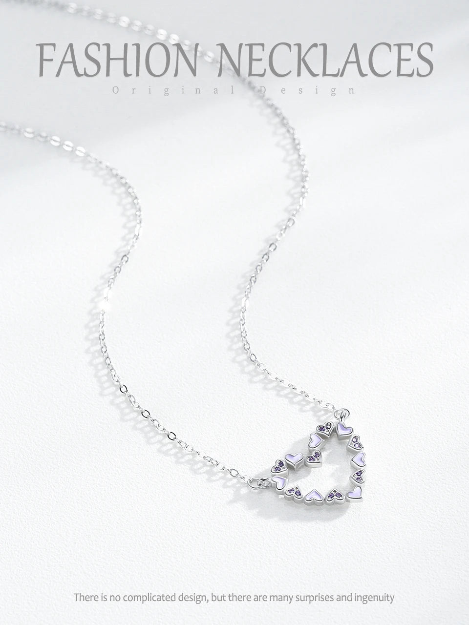 925 Sterling Silver Romantic Heart Enamel Pendant Necklace Cute Purple CZ Link Chain Neck For Women Wedding Engagement Jewelry
