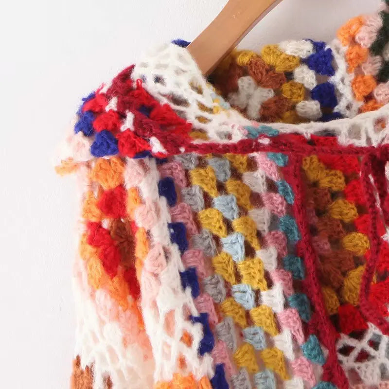 2021 Bohemia Colored Plaid Flower Hand Crochet Hooded Cardigan Ethnic Woman Bandage Lacing up Midi Long Sweater Beach Jumper