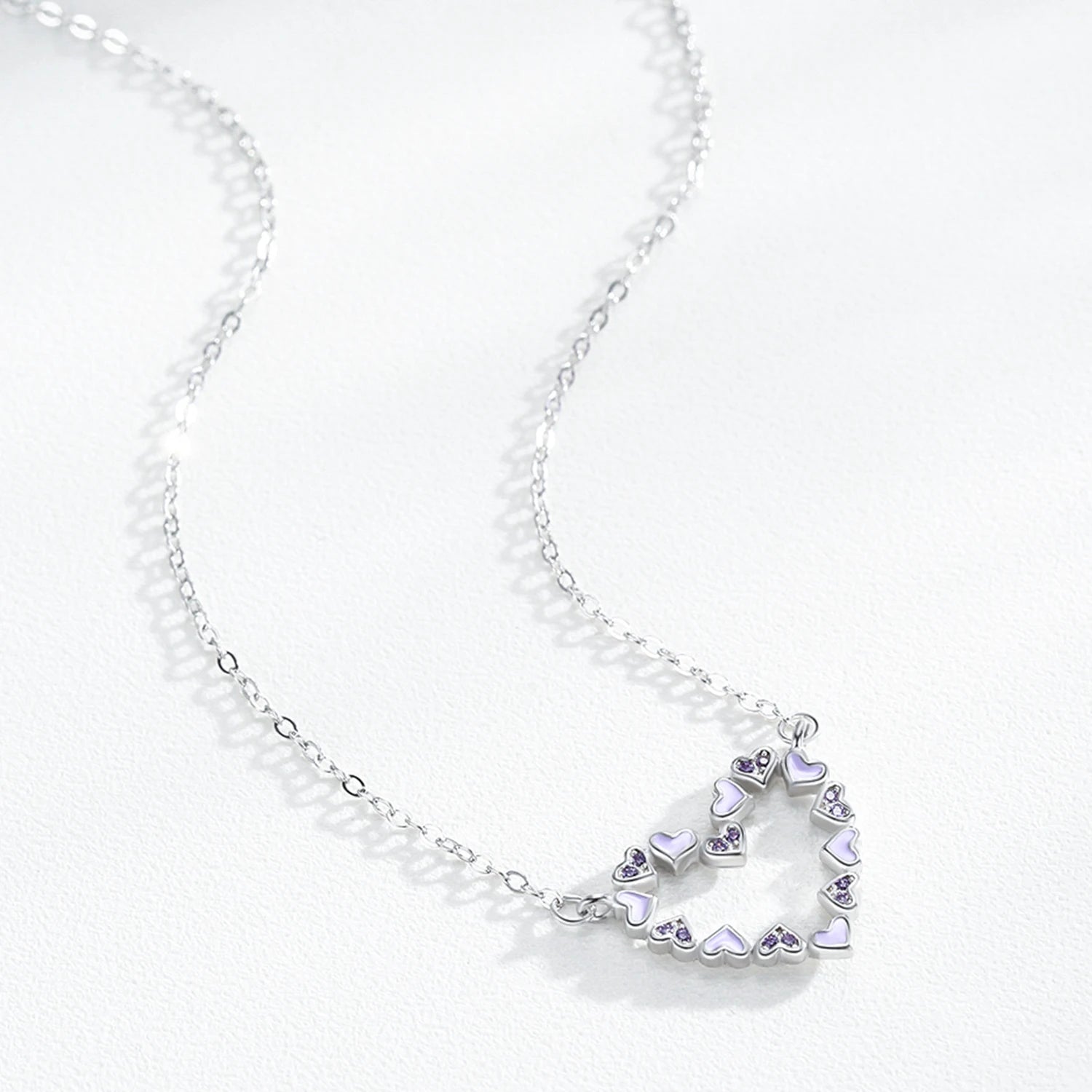 925 Sterling Silver Romantic Heart Enamel Pendant Necklace Cute Purple CZ Link Chain Neck For Women Wedding Engagement Jewelry