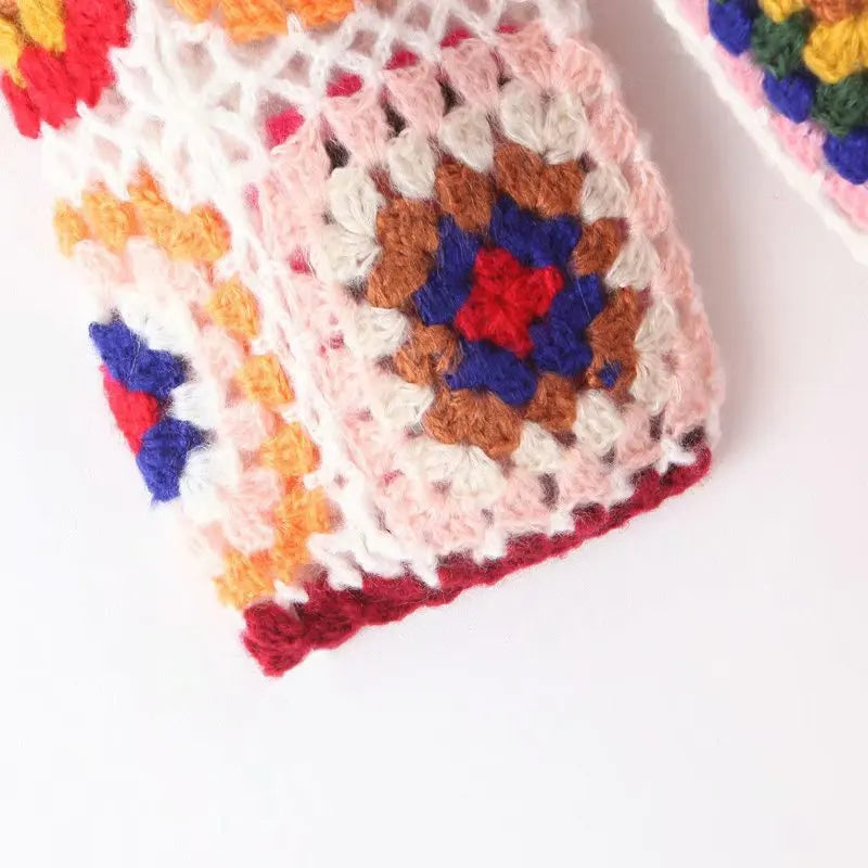 2021 Bohemia Colored Plaid Flower Hand Crochet Hooded Cardigan Ethnic Woman Bandage Lacing up Midi Long Sweater Beach Jumper