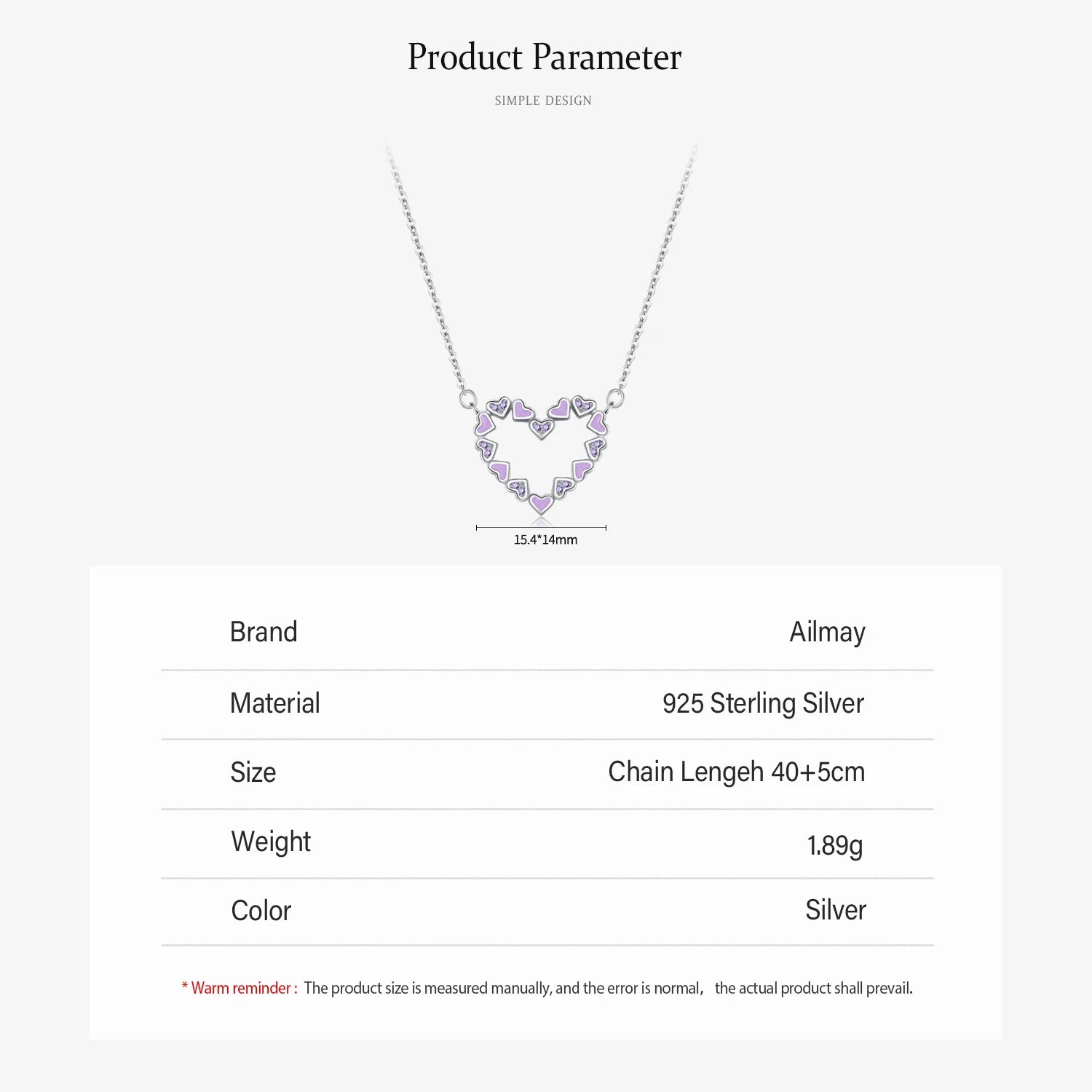 925 Sterling Silver Romantic Heart Enamel Pendant Necklace Cute Purple CZ Link Chain Neck For Women Wedding Engagement Jewelry