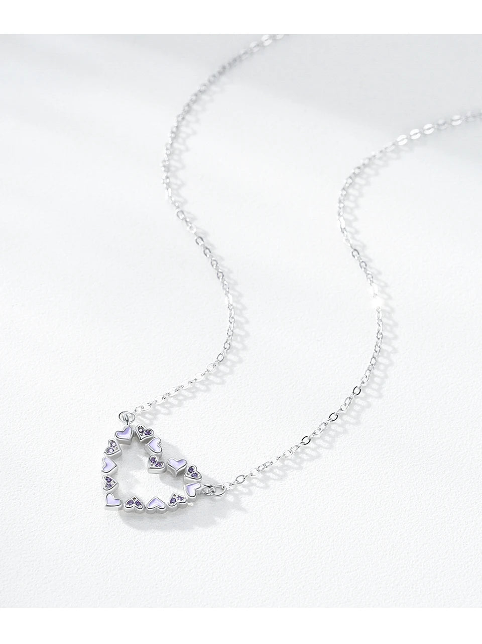925 Sterling Silver Romantic Heart Enamel Pendant Necklace Cute Purple CZ Link Chain Neck For Women Wedding Engagement Jewelry