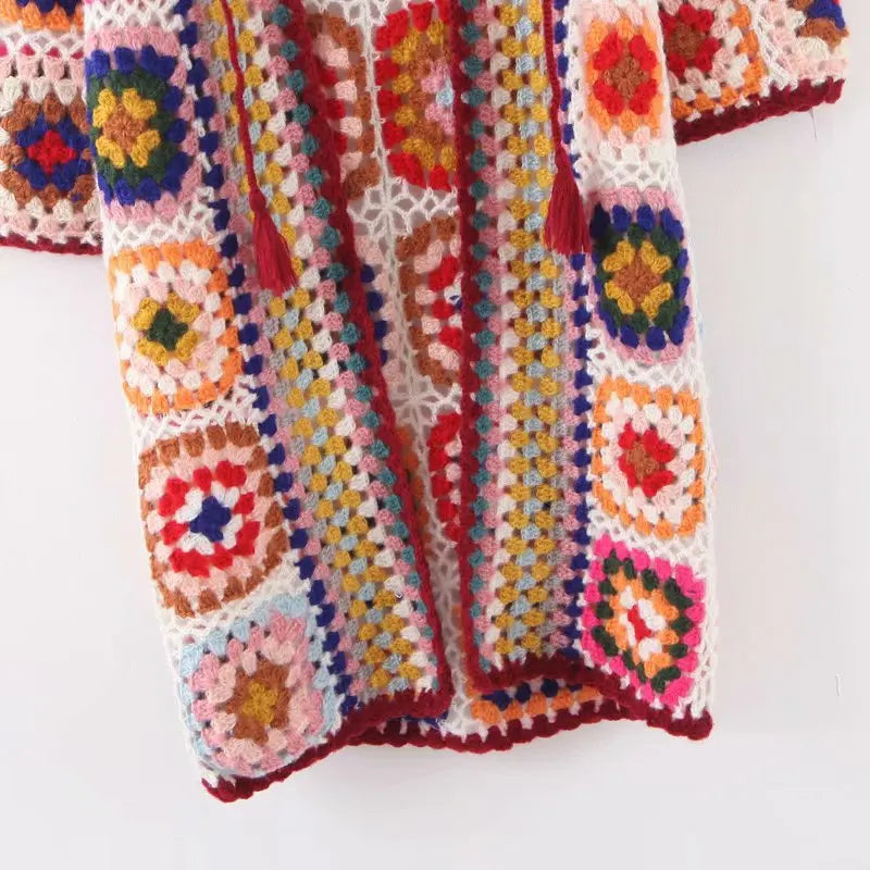 2021 Bohemia Colored Plaid Flower Hand Crochet Hooded Cardigan Ethnic Woman Bandage Lacing up Midi Long Sweater Beach Jumper