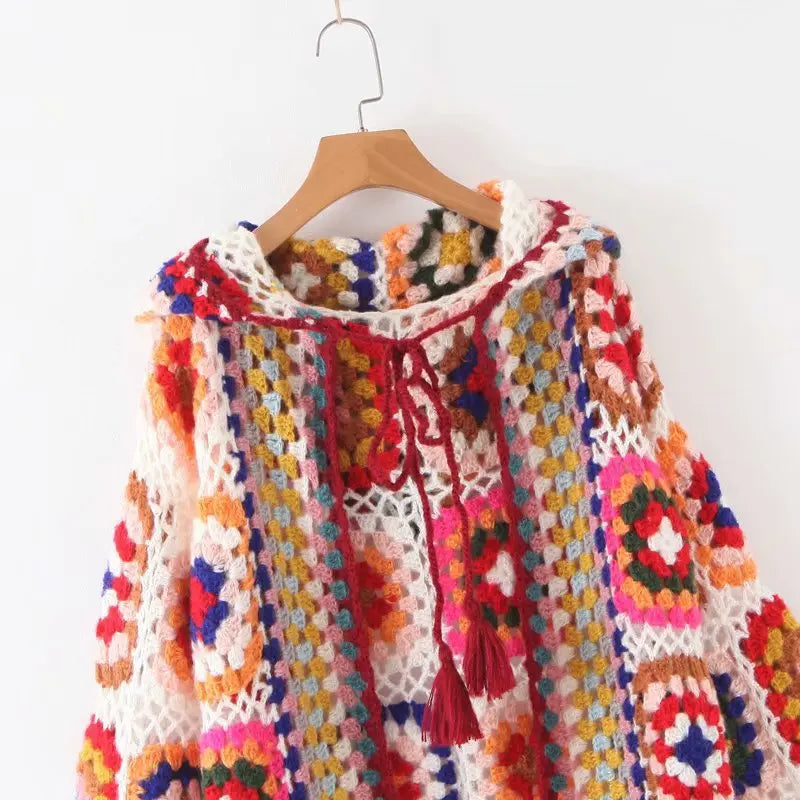 2021 Bohemia Colored Plaid Flower Hand Crochet Hooded Cardigan Ethnic Woman Bandage Lacing up Midi Long Sweater Beach Jumper