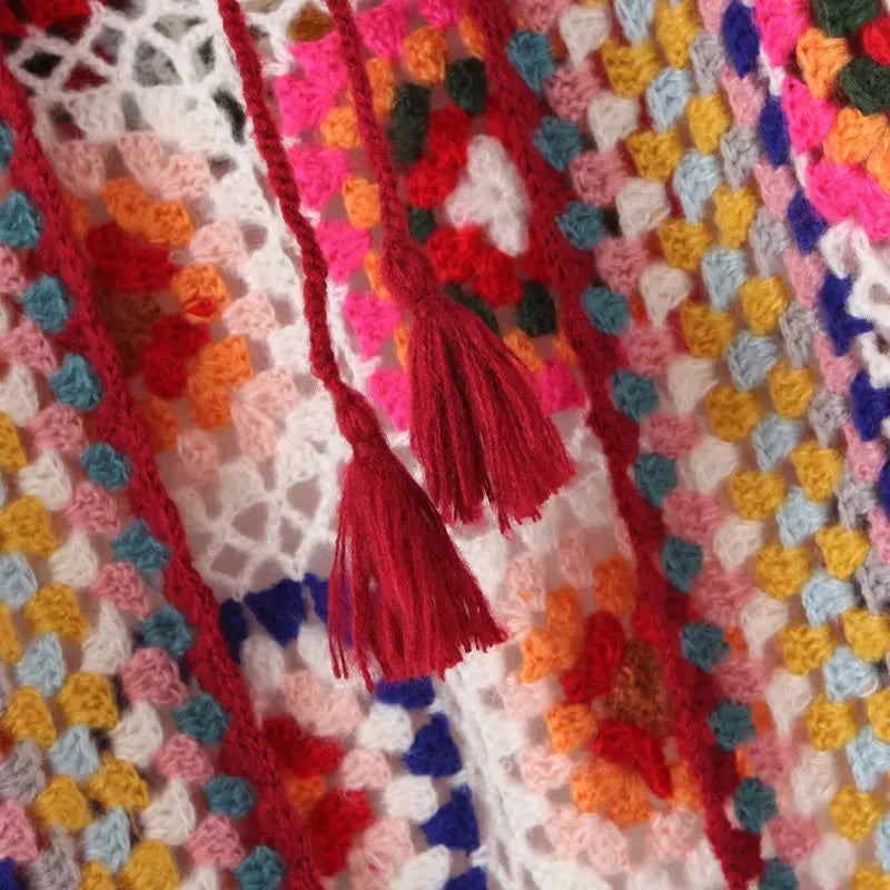 2021 Bohemia Colored Plaid Flower Hand Crochet Hooded Cardigan Ethnic Woman Bandage Lacing up Midi Long Sweater Beach Jumper