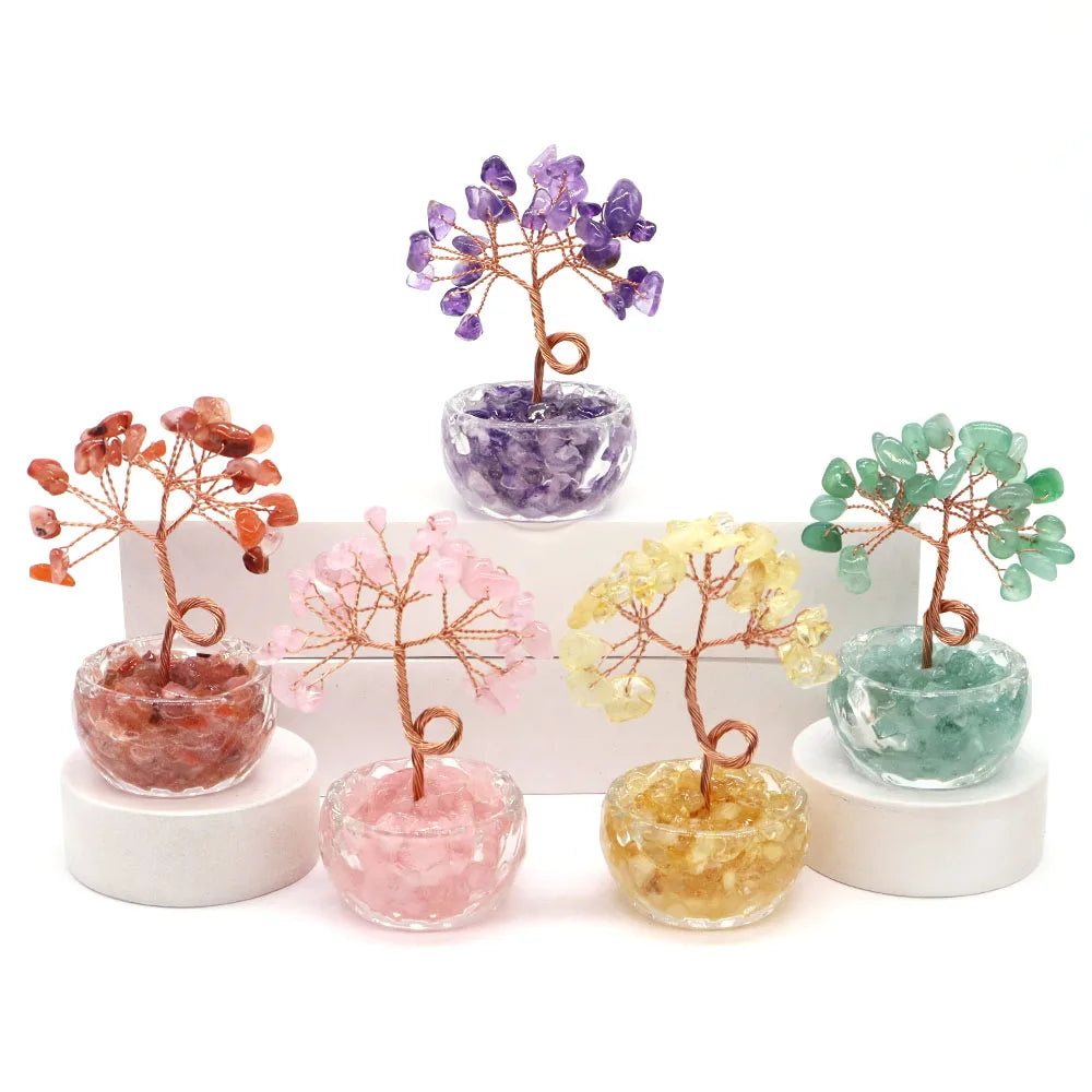75mm Crystal Money Trees Natural Stones Citrine Amethyst Quartz Healing Gemstones Potted Plant Style Crafts Feng Shui Home Decor