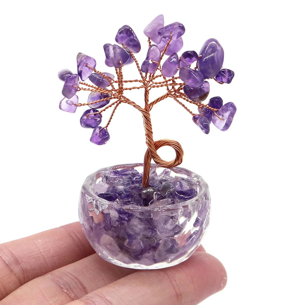 75mm Crystal Money Trees Natural Stones Citrine Amethyst Quartz Healing Gemstones Potted Plant Style Crafts Feng Shui Home Decor