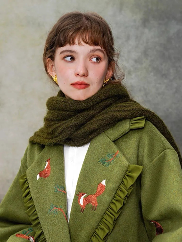Autumn Winter Original Design Women Vintage Style Green Warm Wool Scarf
