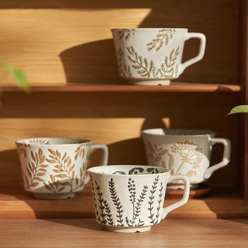 300ML Ceramic Mug Large Coffee Cup Tea Mug Home Office Coffee Mug Big Breakfast Milk Juice Cup Leaf Pattern Porcelain Drinkware