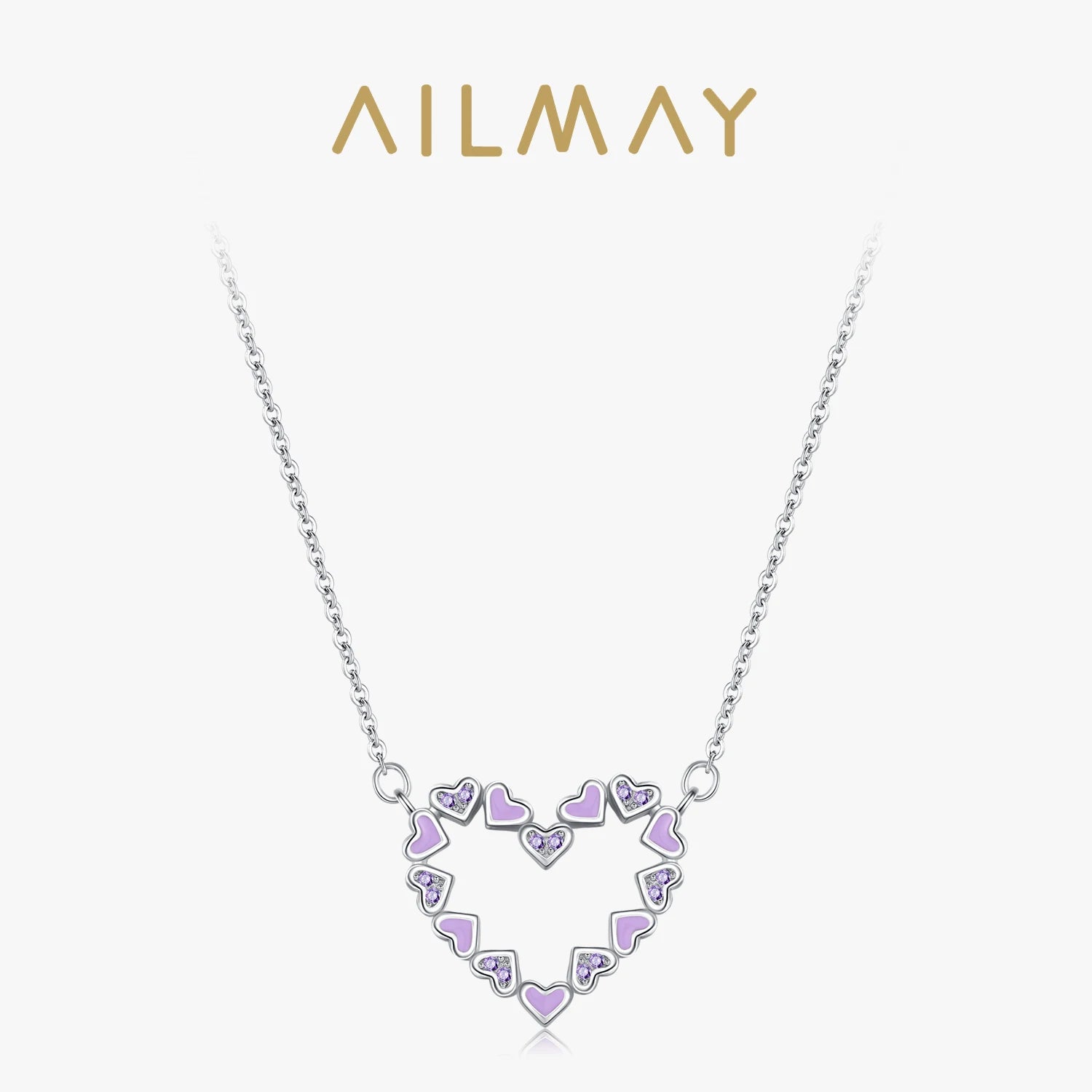 925 Sterling Silver Romantic Heart Enamel Pendant Necklace Cute Purple CZ Link Chain Neck For Women Wedding Engagement Jewelry