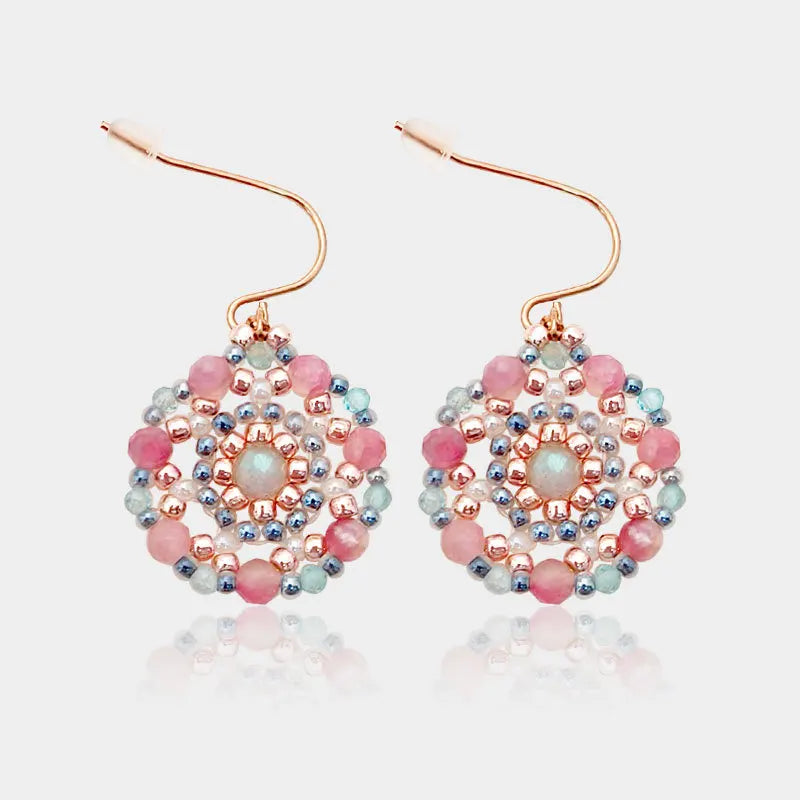 2025 New Round Natural Stone Pink Flower Dangle Earrings Fashion Designed Original Retro Handmade Bead Jewelry for Women