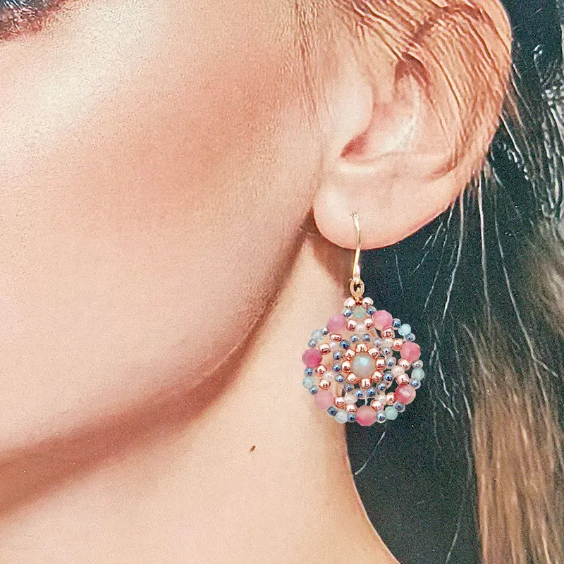 2025 New Round Natural Stone Pink Flower Dangle Earrings Fashion Designed Original Retro Handmade Bead Jewelry for Women