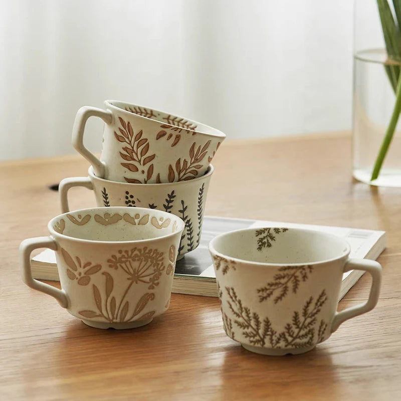 300ML Ceramic Mug Large Coffee Cup Tea Mug Home Office Coffee Mug Big Breakfast Milk Juice Cup Leaf Pattern Porcelain Drinkware